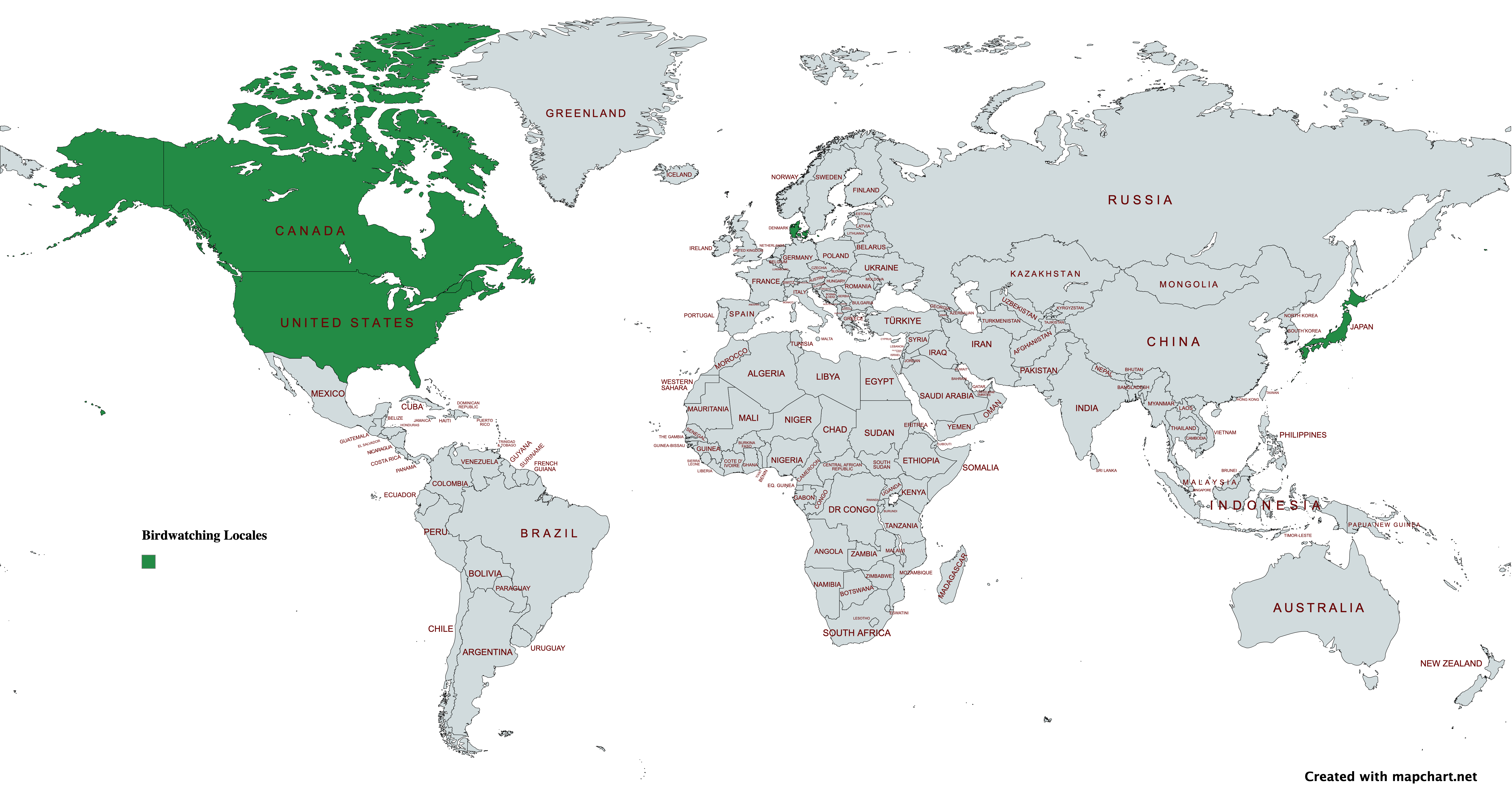 World map with countries that Sarah has looked at birds in: United States, Canada, Denmark, Japan.